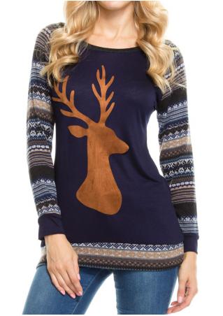 Christmas Reindeer Printed Splicing Slim T-Shirt