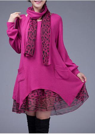 Leopard Splicing Pocket Casual Dress With Scarf