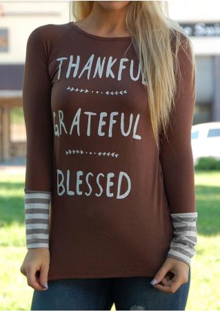Thankful Letter Printed Striped Splicing O-Neck T-Shirt