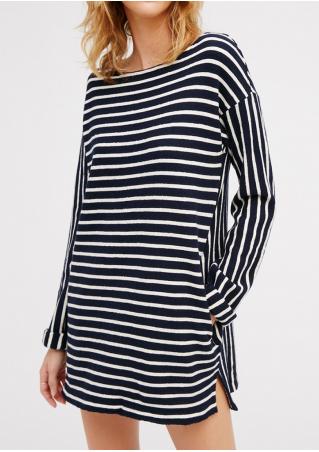 Striped Pocket Asymmetric Long Sleeve Dress