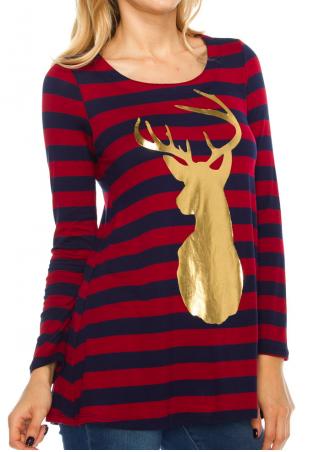 Christmas Reindeer Printed Striped T-Shirt