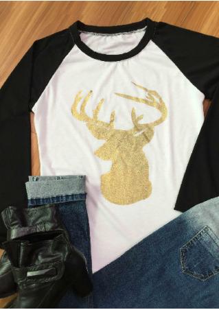 Christmas Reindeer Printed Splicing Casual T-Shirt