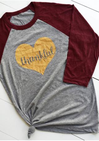 THANKFUL Heart Printed Three Quarter Sleeve T-Shirt