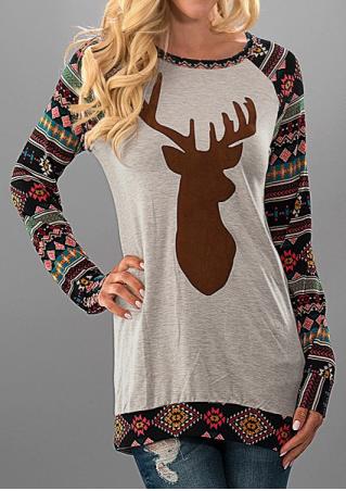 Christmas Reindeer Geometric Printed Splicing T-Shirt