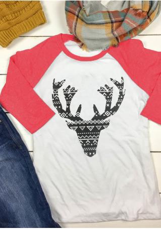 Christmas Reindeer Printed Splicing Three Quater T-Shirt