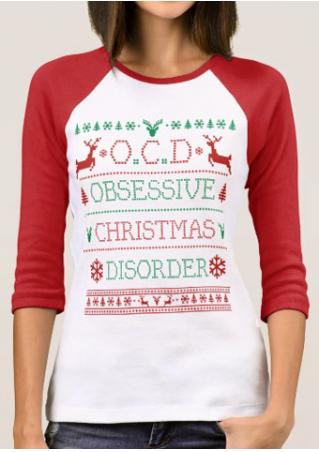 Christmas Tree Reindeer Snowflake Printed Splicing T-Shirt