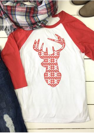 Christmas Reindeer Snowflake Printed Splicing T-Shirt