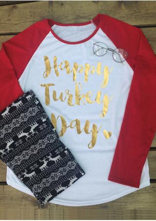 Happy Turkey Day Printed Long Sleeve Splicing T-Shirt