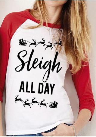 Christmas Reindeer Sleigh Printed Splicing T-Shirt