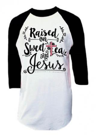 Cross Letter Printed Splicing O-Neck T-Shirt