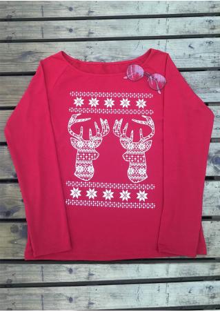 Christmas Reindeer Snowflake Printed Long Sleeve T-Shirt