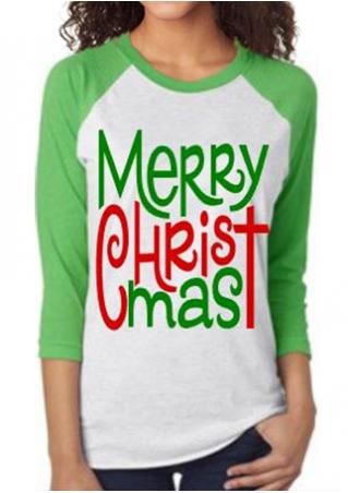 Christmas Letter Printed Splicing O-Neck T-Shirt