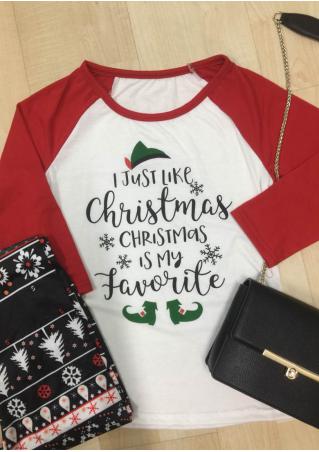 Christmas Letter Printed Three Quarter Sleeve Splicing T-Shirt