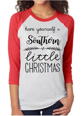 Christmas Letter Printed O-Neck Splicing T-Shirt