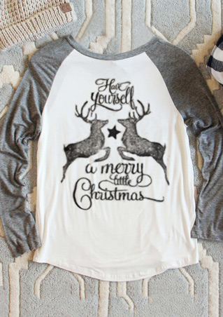 Christmas Reindeer Letter Printed Splicing T-Shirt