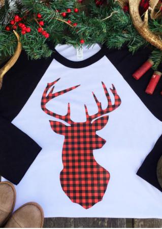 Christmas Reindeer Plaid Printed Splicing T-Shirt