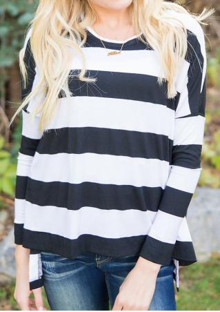 Striped Asymmetrical Long Sleeve Blouse Without Necklace