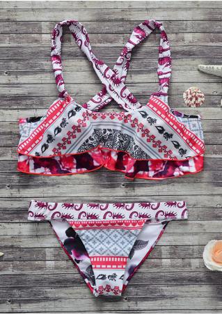 Printed Layered Back Cross Bikini Set