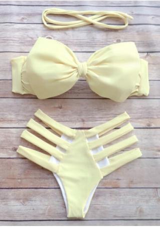 Solid Bow Hollow Out Sexy Bikini Set