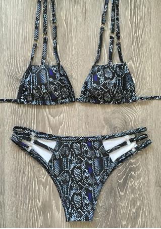 Printed Strappy Hollow out Halter Bikini Set