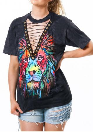 Colorful Lion Lace Up Blouse