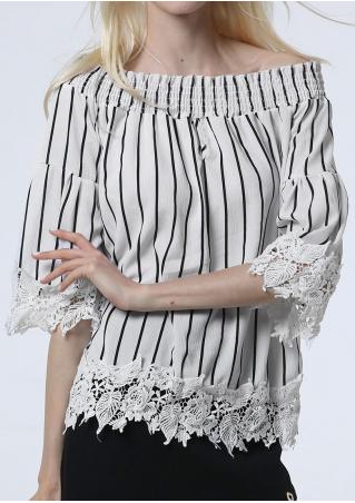 Striped Lace Splicing Slash Neck Blouse