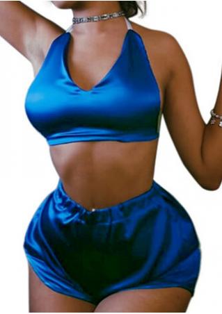 Solid Halter V-Neck Crop Top and Shorts Set without Choker Detail