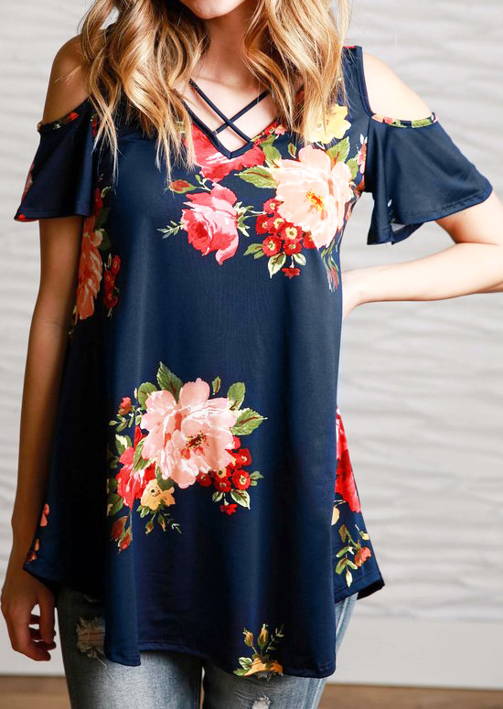 

Floral Cold Shoulder Blouse, White;blue, 114928