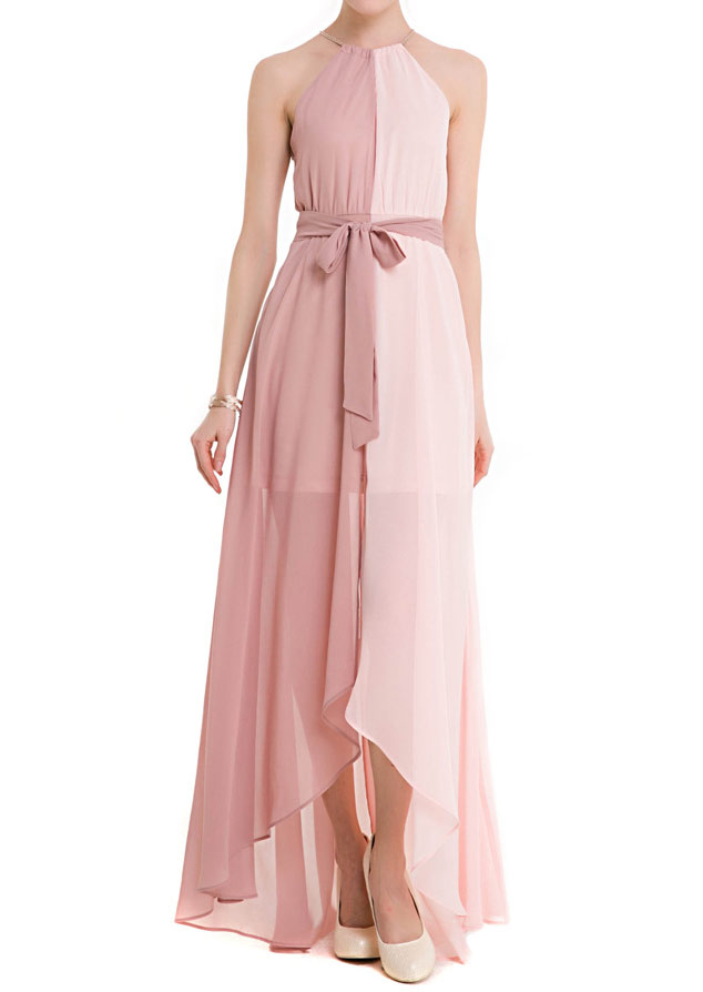Chiffon Tassel Asymmetric Maxi Dress with Belt - Fairyseason