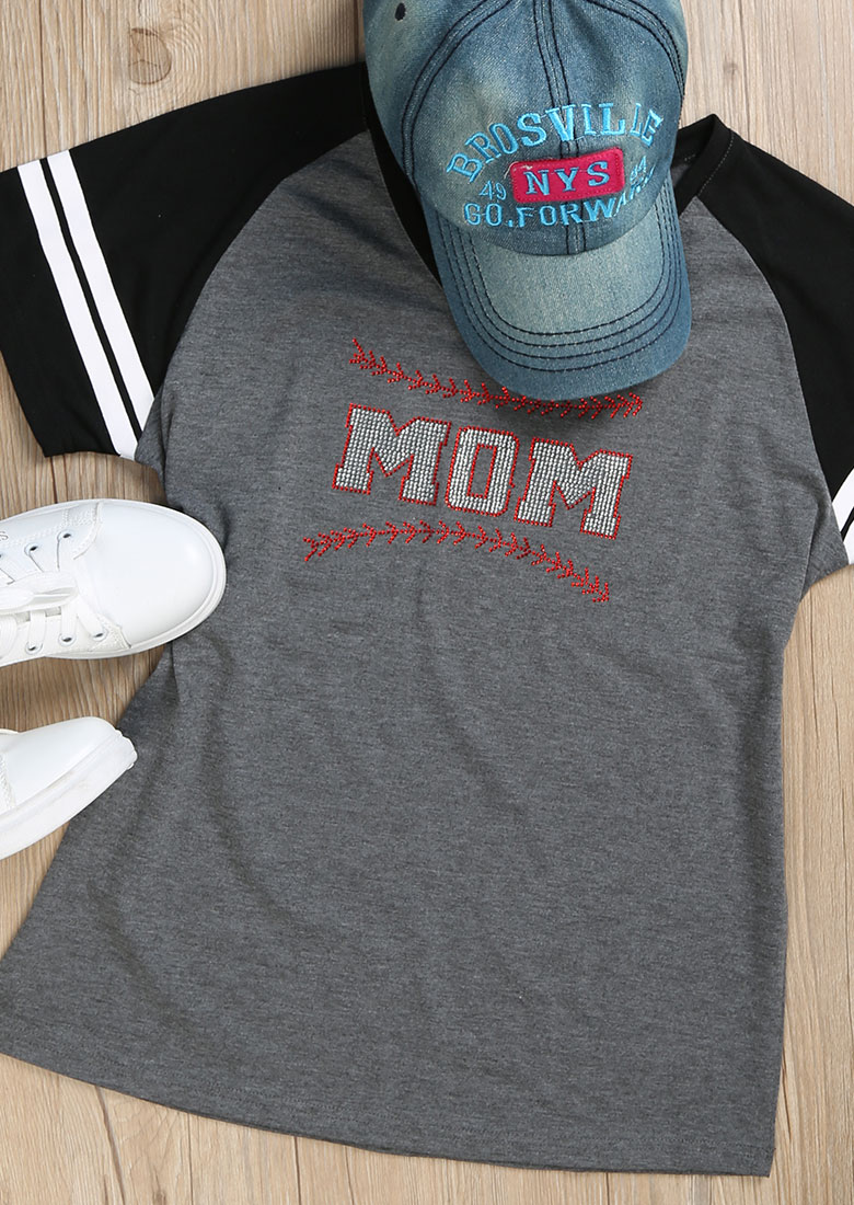 

Mom Imitated Crystal Baseball T-shirt, Dark grey;navy blue, 122553