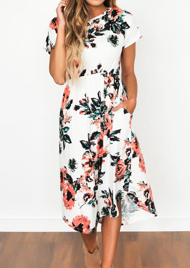 

Floral Mid-Calf Casual Dress, Black;white, 124194
