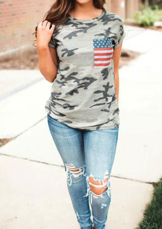 Camouflage Printed American Flag Pocket Blouse