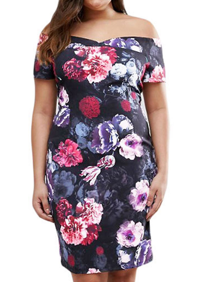 Floral Off Shoulder Plus Size Bodycon Casual Dress - Fairyseason