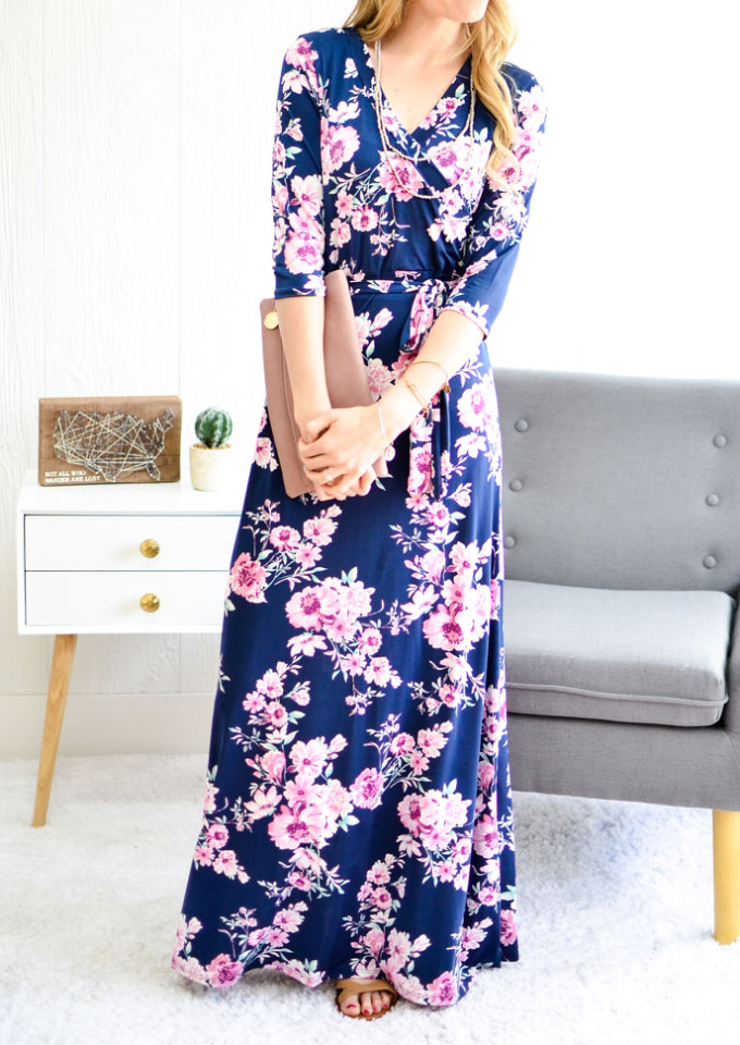Floral V-Neck Maxi Dress with Belt without Necklace - Fairyseason