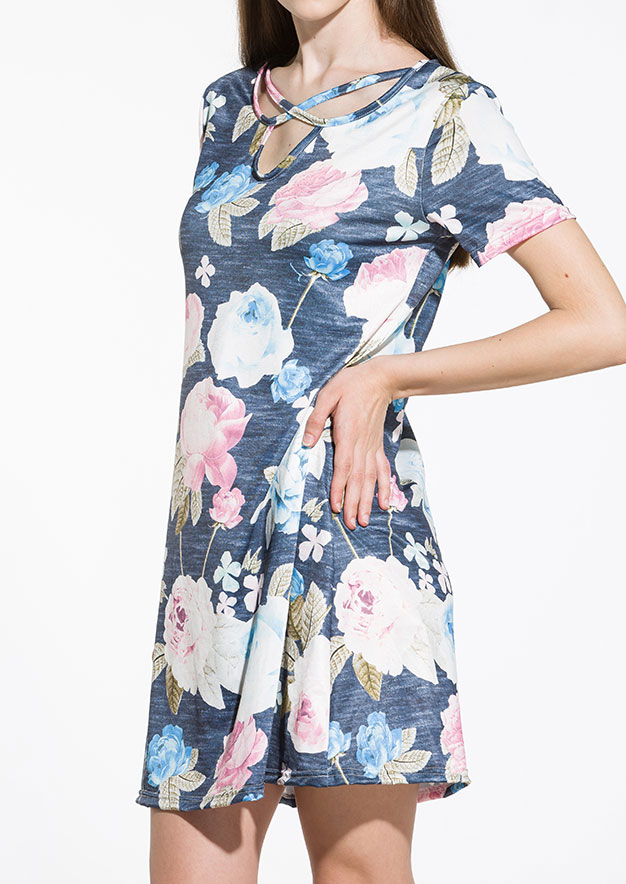 Floral Criss-Cross Short Sleeve Casual Dress