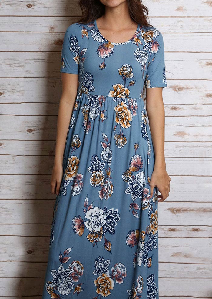 Floral Short Sleeve O-Neck Casual Maxi Dress - Fairyseason