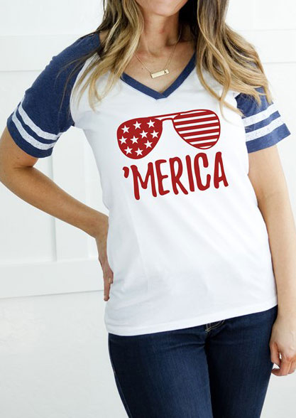 'Merica American Flag Striped Baseball V-Neck T-Shirt without Necklace