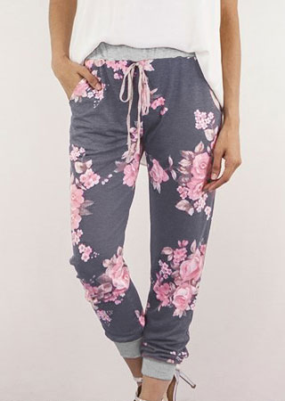 Floral Pocket Drawstring Pants - Fairyseason