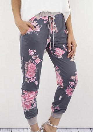 Floral Pocket Drawstring Pants - Fairyseason