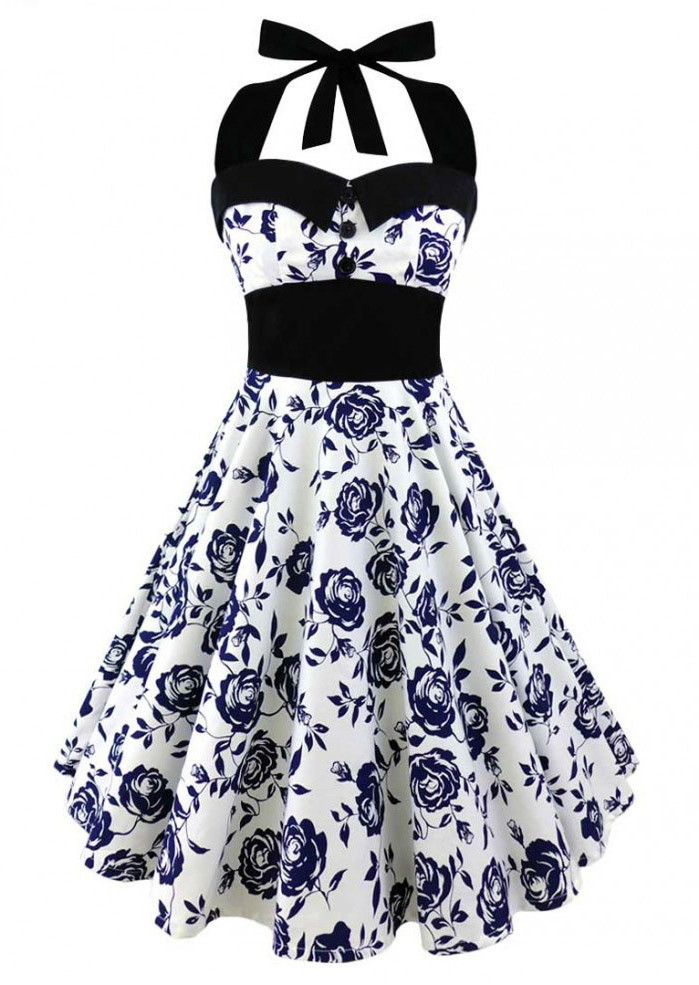 

Mini Dresses Skull Floral Button Halter Mini Dress in Blue. Size