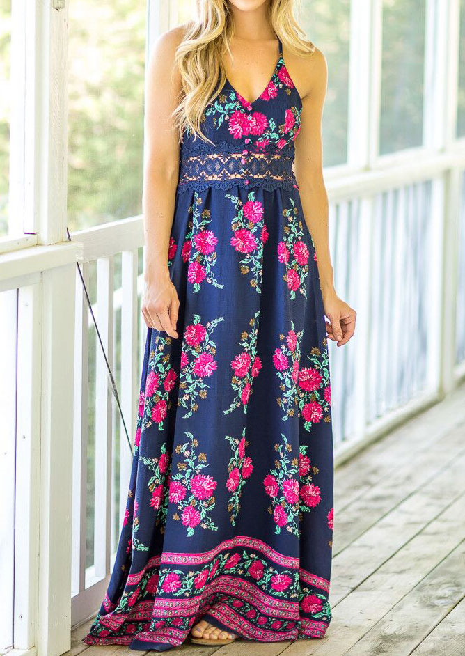 

Floral Lace Splicing Deep V-Neck Maxi Dress without Necklace, Navy blue, 131632