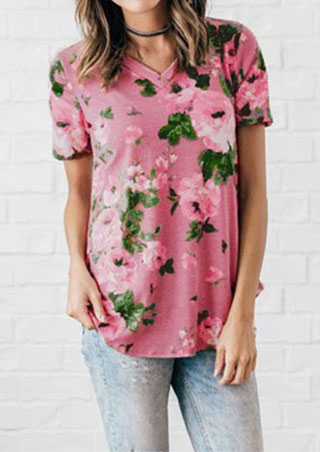 T-shirts Tees Floral V-Neck Short Sleeve T-Shirt without Necklace in Pink. Size: M,S