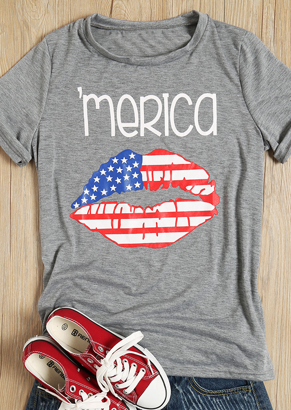 'Merica American Flag Printed Lip T-Shirt
