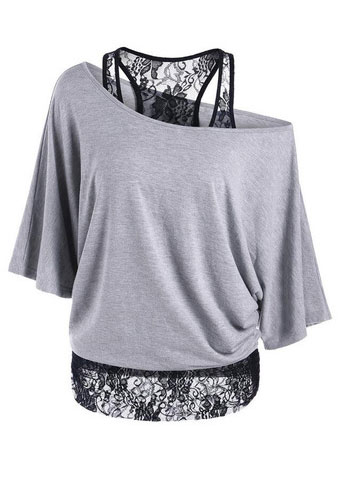 

Lace Floral Splicing One Shoulder Blouse, Black;white;blue;gray, 144357