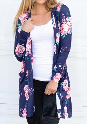 Floral Long Sleeve Pocket Cardigan without Necklace