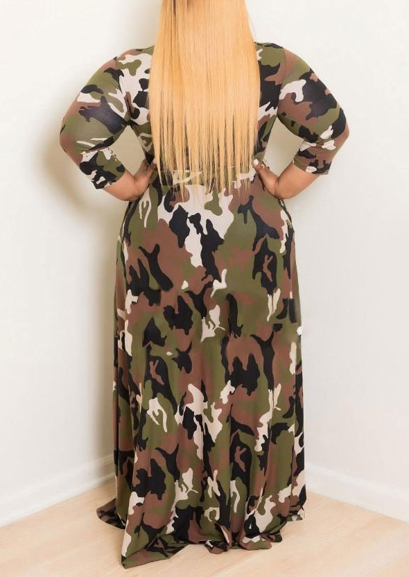 Plus Size Camouflage Printed O-Neck Maxi Dress - Fairyseason