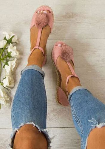 

Solid Pompon Buckle Strap Flat Sandals, Beige;black;gray;pink, 151059