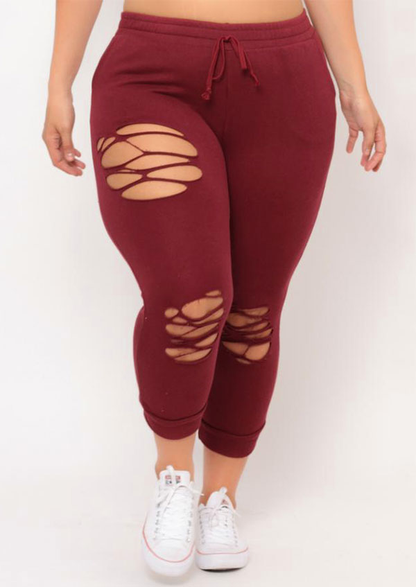 

Plus Size Solid Hollow Out Drawstring Pants, Black;burgundy, 151334