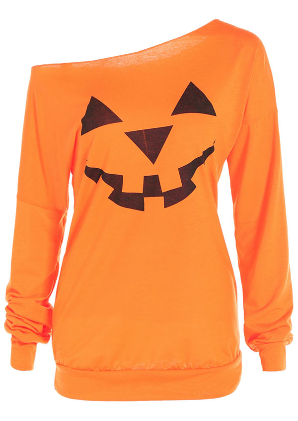 

Halloween Pumpkin Printed One Shoulder Blouse, Gray;brilliant orange, 152310