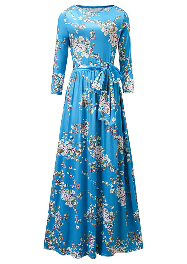 Plus Size Floral Ruffled Three Quarter Sleeve Maxi Dress - Fairyseason